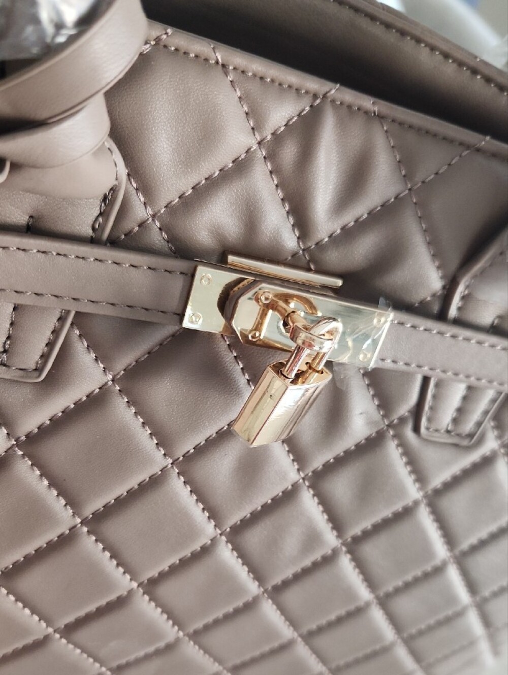 Badgley Mischka Quilted Taupe Satchel with Gold Hardware - Picture 3 of 11
